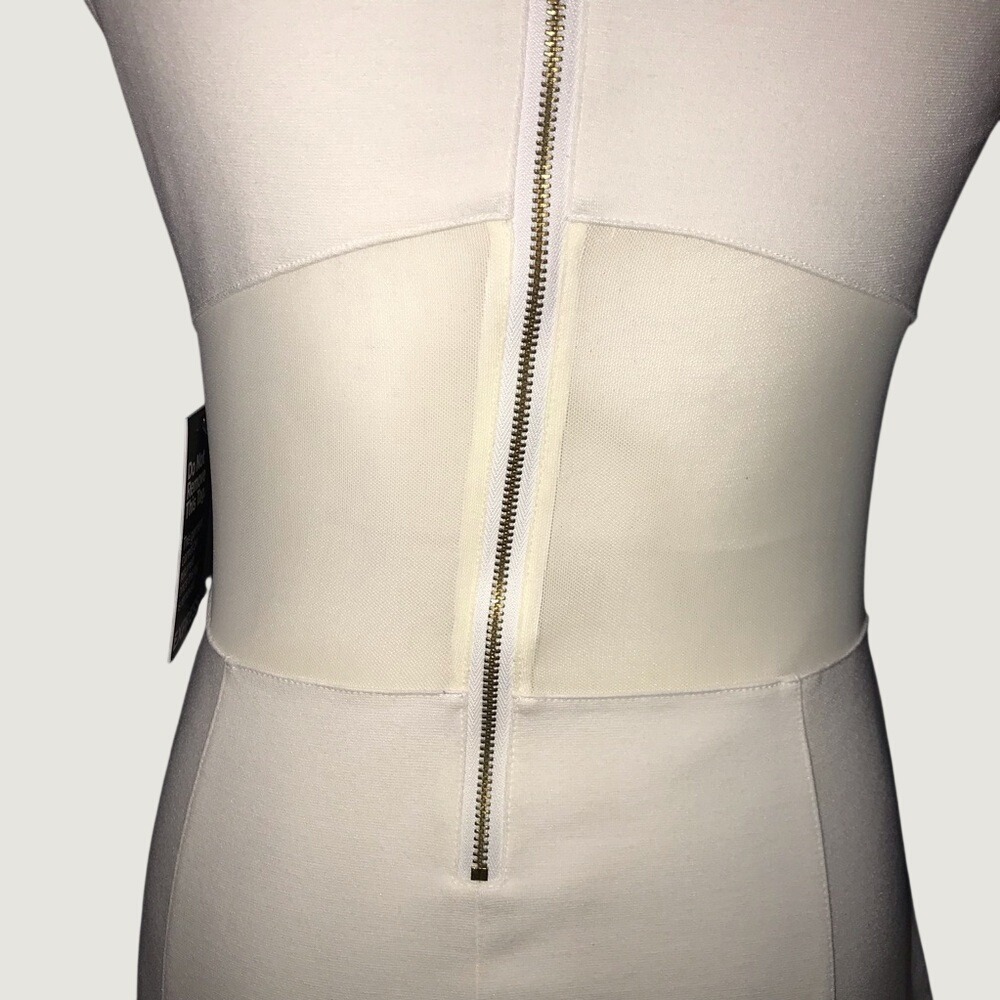Express Classic White Bodycon Sleepless Sheath Dress with Mesh Accent & Back Zip - Picture 7 of 13